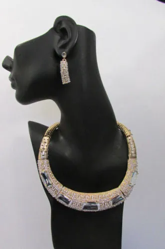 Gold Metal Short Choker Necklace Big Multi Rhinestones Earring Set