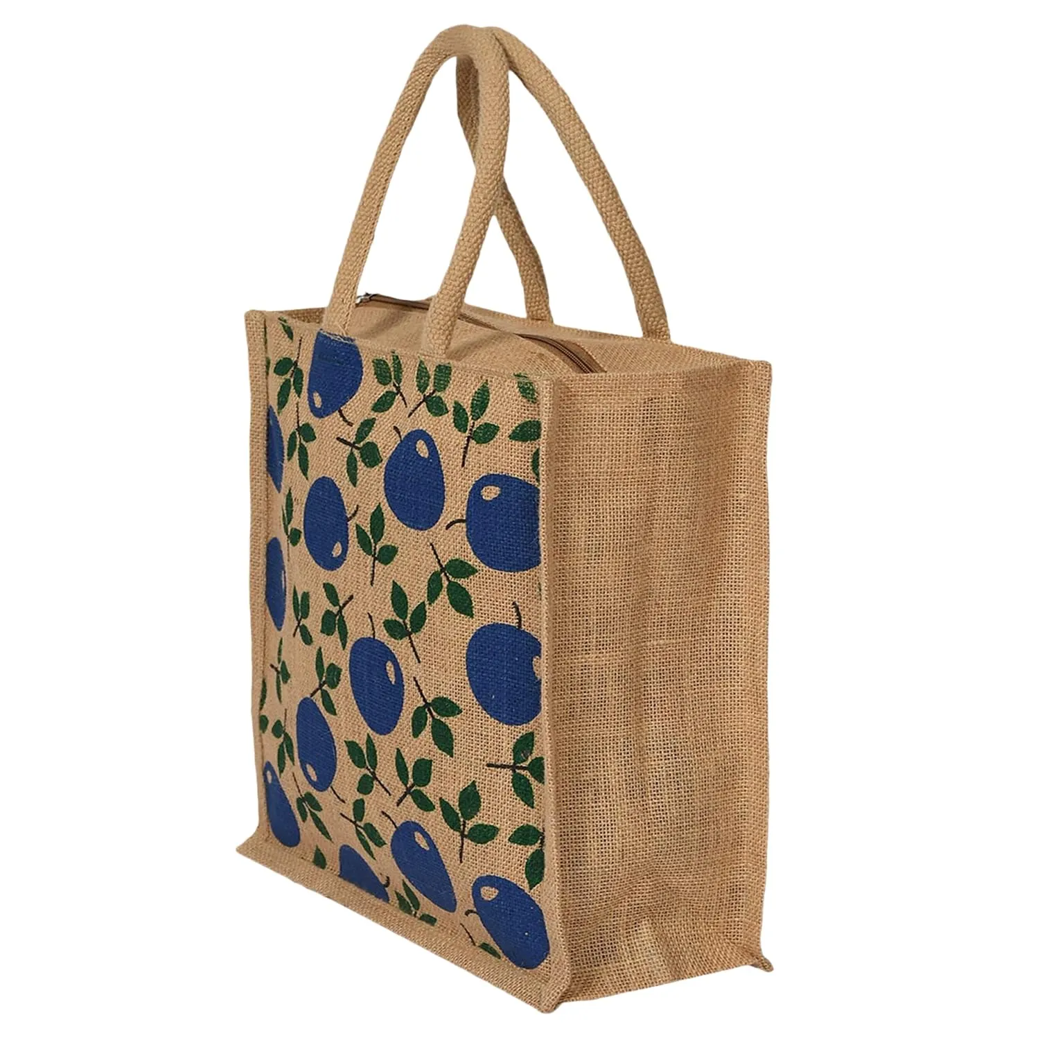 Heart Home Grocery Bag | Jute Carry Bag | Reusable Shopping Bag | Lunch Handbag | Zipper Grocery Bag with Handle | Vegetable Bag | Blue Apple Grocery Bag | Brown