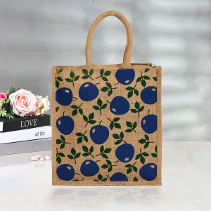 Heart Home Grocery Bag | Jute Carry Bag | Reusable Shopping Bag | Lunch Handbag | Zipper Grocery Bag with Handle | Vegetable Bag | Blue Apple Grocery Bag | Brown