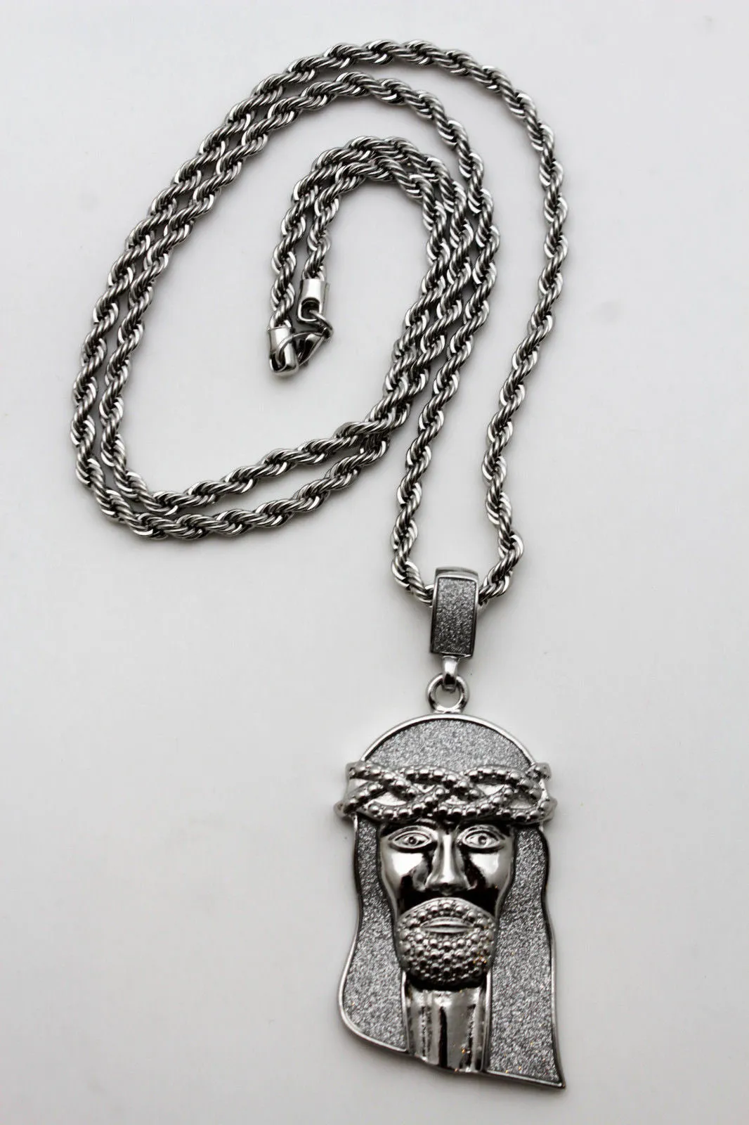 Jesus Christ Head Portrait Religious Pendant Long Metal Chain Necklace