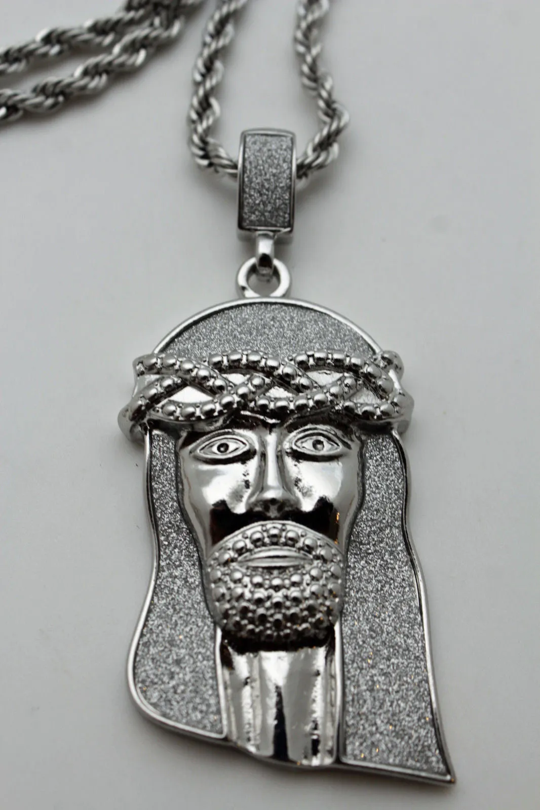 Jesus Christ Head Portrait Religious Pendant Long Metal Chain Necklace