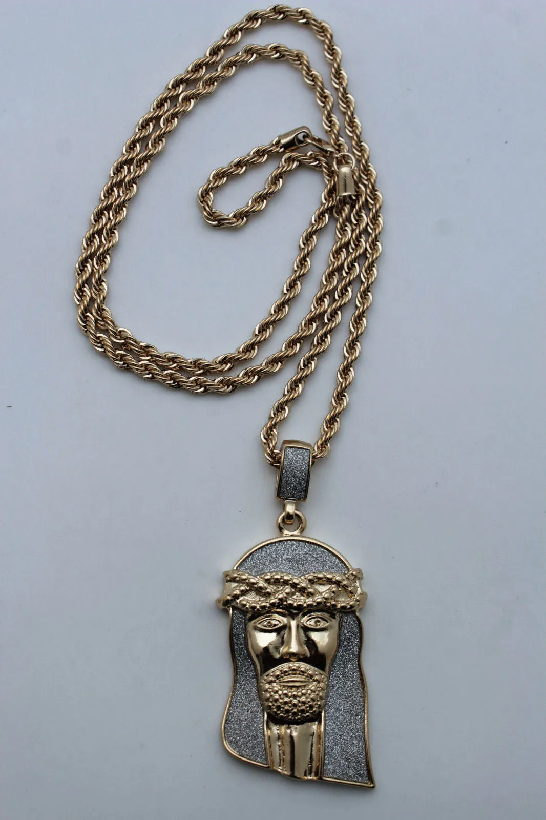 Jesus Christ Head Portrait Religious Pendant Long Metal Chain Necklace