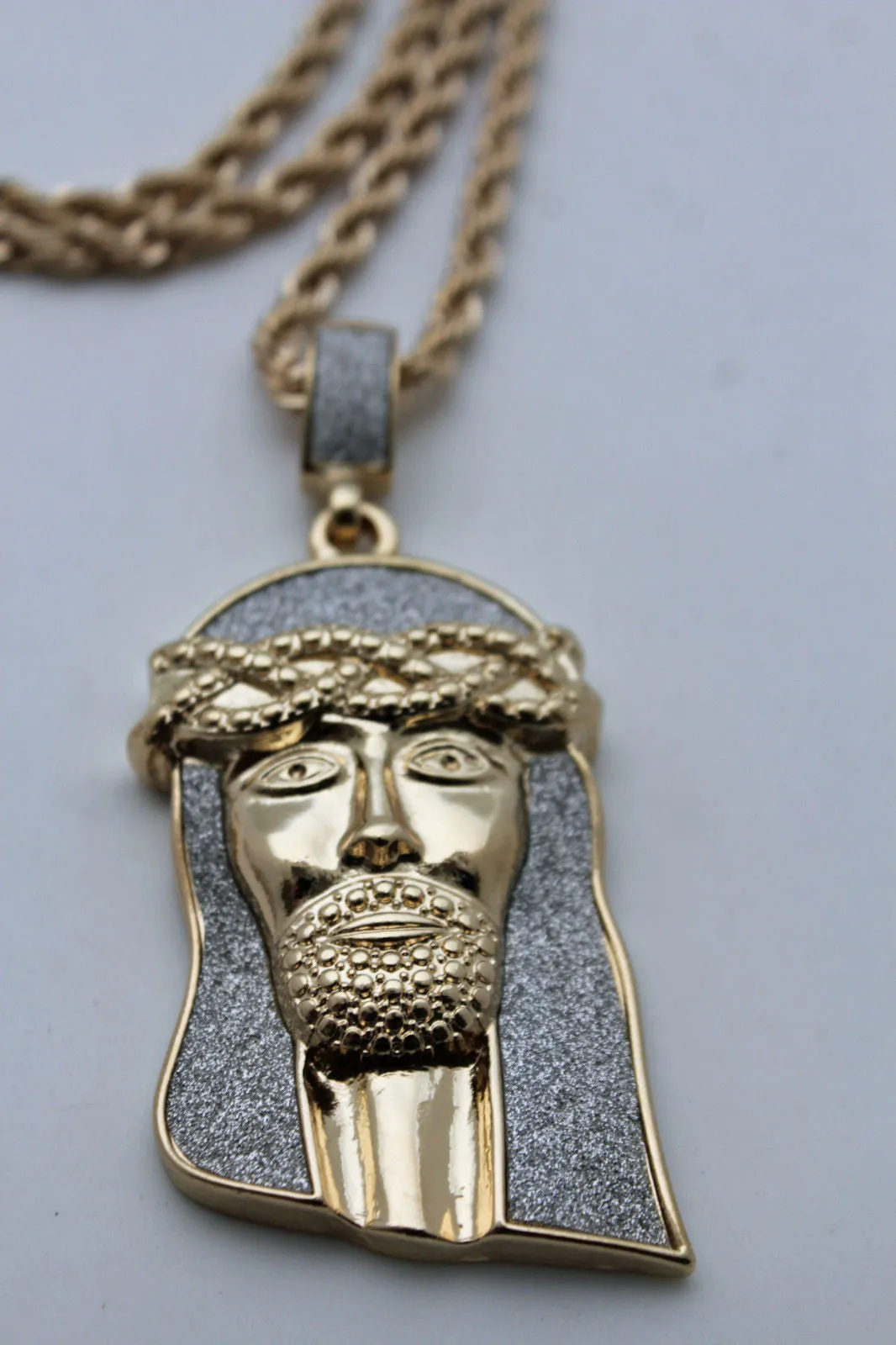 Jesus Christ Head Portrait Religious Pendant Long Metal Chain Necklace