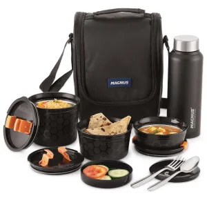 Magnus NEO 5 Lunch Tiffin with 3 Microwave Safe Steel Containers, Plastic Chutney Dabba, Steel Bottle, Spoon & Fork, Insulated Jacket - Ideal Lunch Box for Kids & Lunch Boxes for Office Men, Black