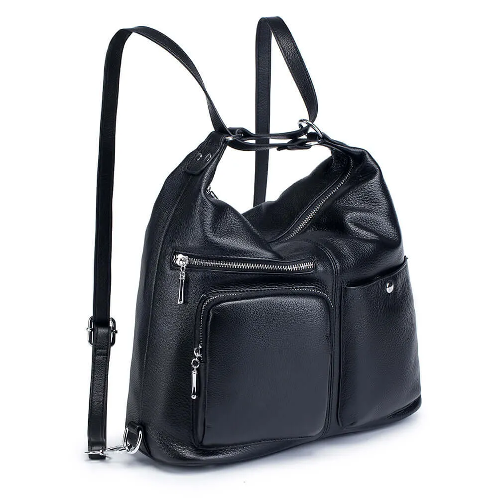 Multi-Way Women's Leather Backpack - Black Shoulder & Crossbody Bag NZ