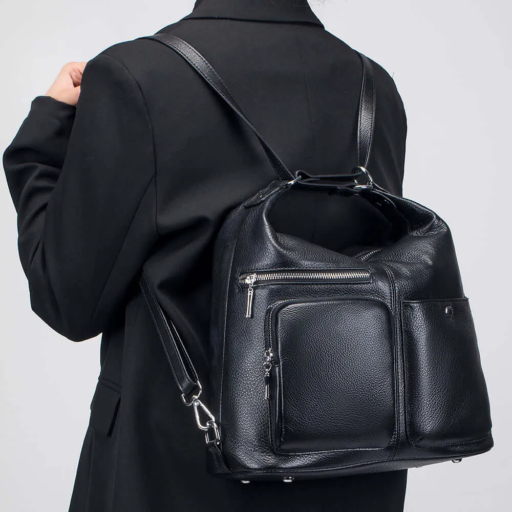 Multi-Way Women's Leather Backpack - Black Shoulder & Crossbody Bag NZ