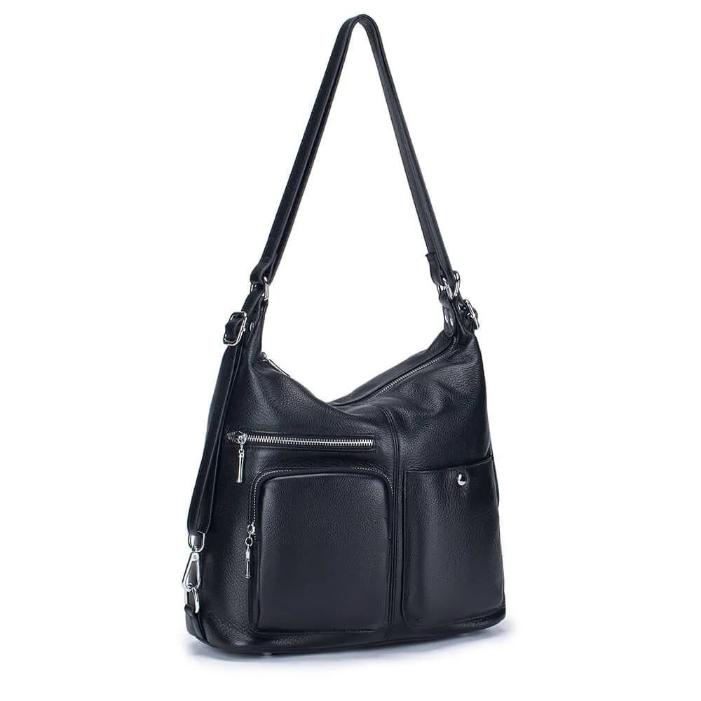 Multi-Way Women's Leather Backpack - Black Shoulder & Crossbody Bag NZ