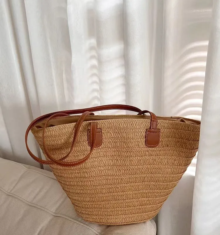 New Paper Braid Woven Bag Women's Bag Large Capacity Straw Bag Seaside Vacation Simple Beach Bag Shoulder Bag Tote Bag