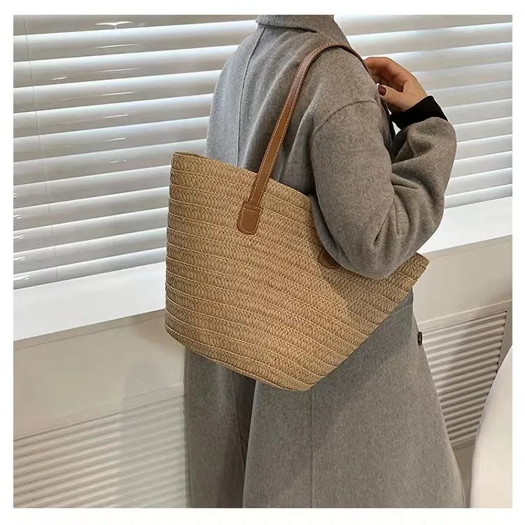 New Paper Braid Woven Bag Women's Bag Large Capacity Straw Bag Seaside Vacation Simple Beach Bag Shoulder Bag Tote Bag