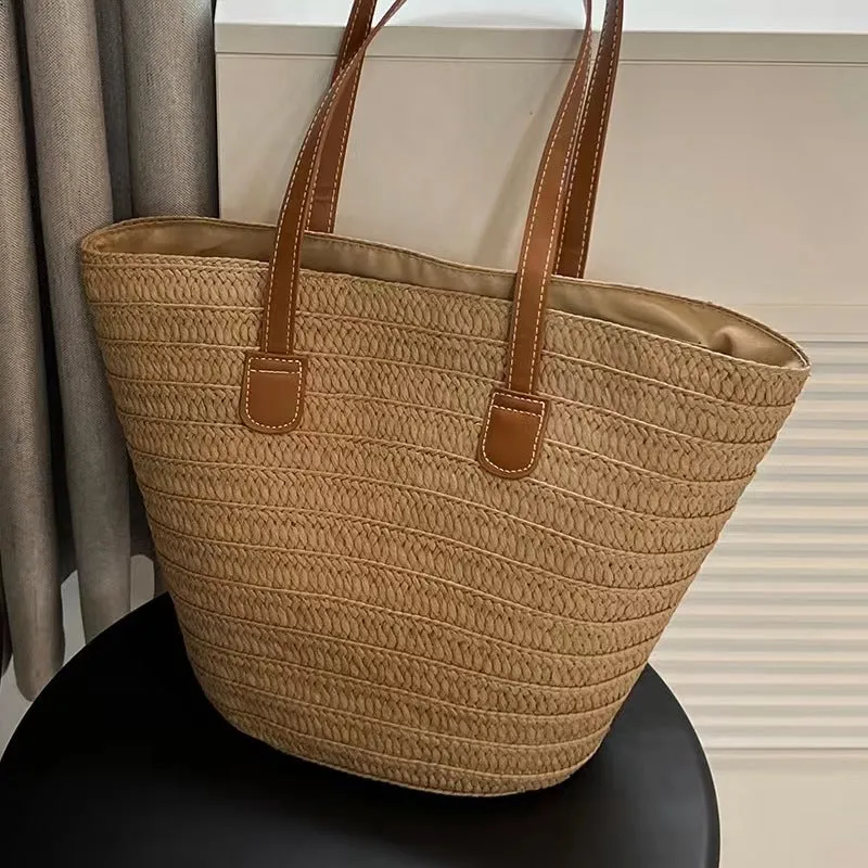 New Paper Braid Woven Bag Women's Bag Large Capacity Straw Bag Seaside Vacation Simple Beach Bag Shoulder Bag Tote Bag