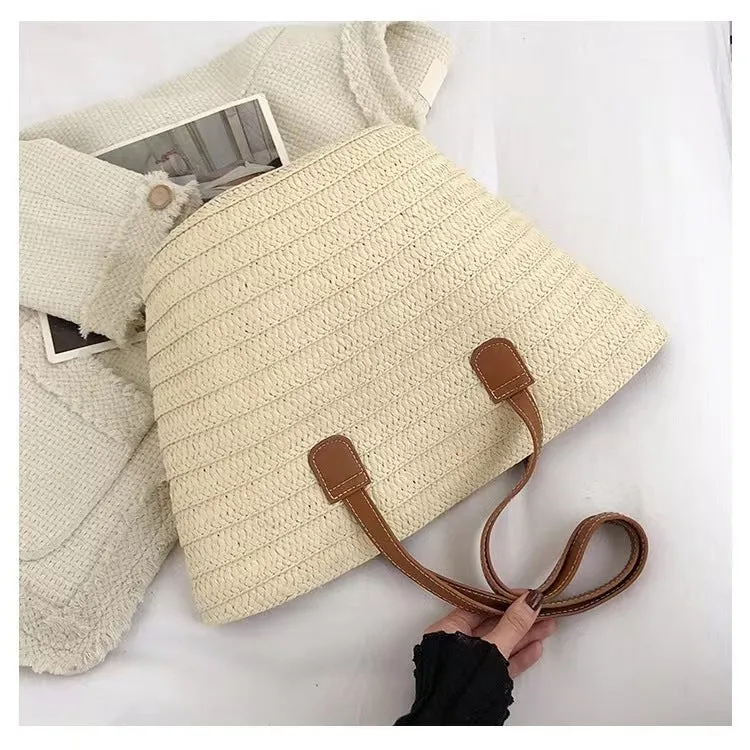 New Paper Braid Woven Bag Women's Bag Large Capacity Straw Bag Seaside Vacation Simple Beach Bag Shoulder Bag Tote Bag