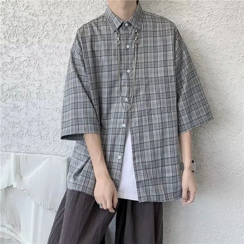 Plaid Trendy Artistic Fashion Standard Patchwork Versatile Short Sleeve Shirt