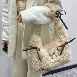 TAVIMART  -  Luxury Design Casual Faux Fur Handbags Vintage All Match Women Chic Bow Underarm Bag Trendy Fashion Underarm Bag Y2k Aesthetic