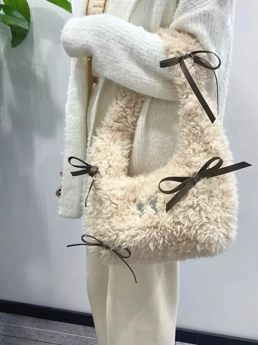 TAVIMART  -  Luxury Design Casual Faux Fur Handbags Vintage All Match Women Chic Bow Underarm Bag Trendy Fashion Underarm Bag Y2k Aesthetic