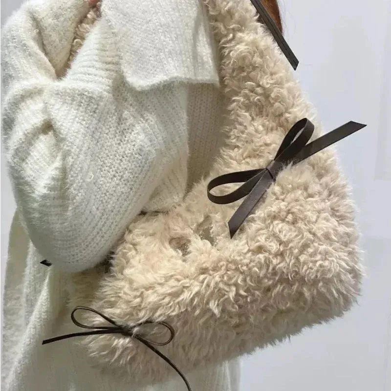 TAVIMART  -  Luxury Design Casual Faux Fur Handbags Vintage All Match Women Chic Bow Underarm Bag Trendy Fashion Underarm Bag Y2k Aesthetic