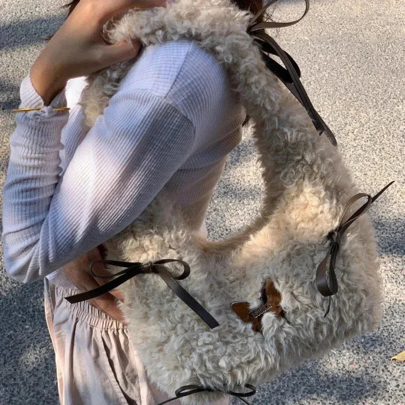 TAVIMART  -  Luxury Design Casual Faux Fur Handbags Vintage All Match Women Chic Bow Underarm Bag Trendy Fashion Underarm Bag Y2k Aesthetic