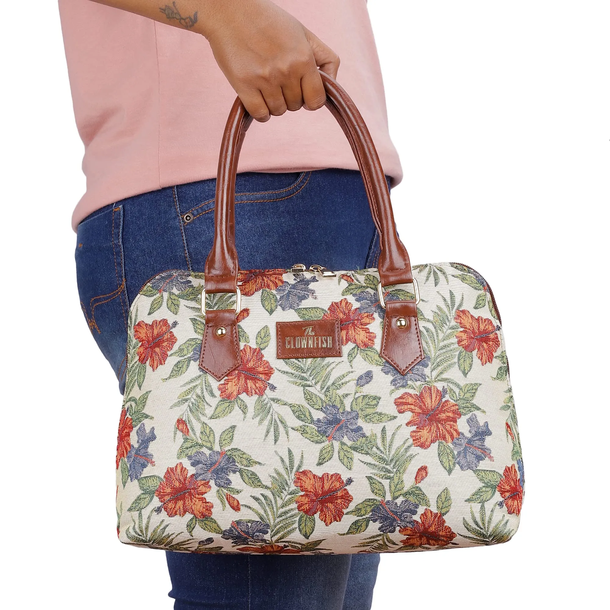 THE CLOWNFISH Montana Series Handbag for Women Office Bag Ladies Purse Shoulder Bag Tote For Women College Girls (Maroon-Floral)