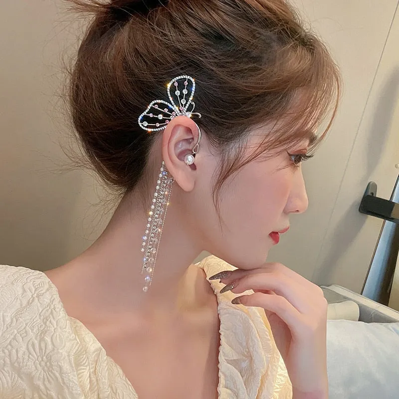 Wenkouban 20 Style Luxury Shiny Crystal Rhinestone Long Tassel Ear Cuff No Pierced Ear Clip Earrings For Women Wedding Korean Trend Jewelry