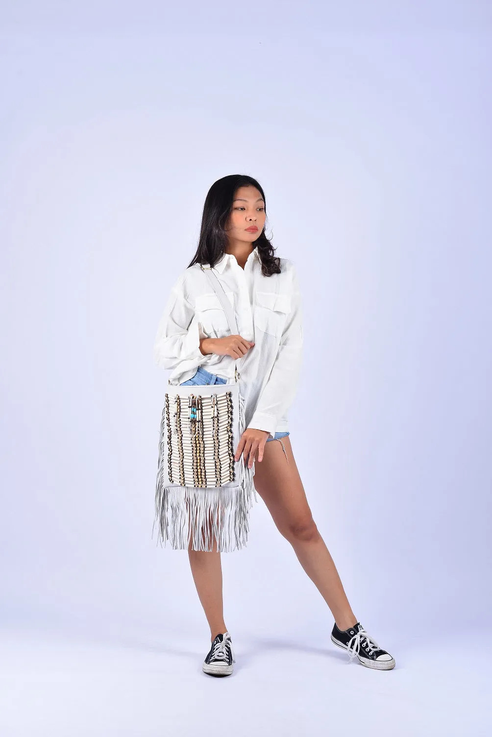 WHITE Medium Size Boho Leather Bag with Fringes and Bone Choker.