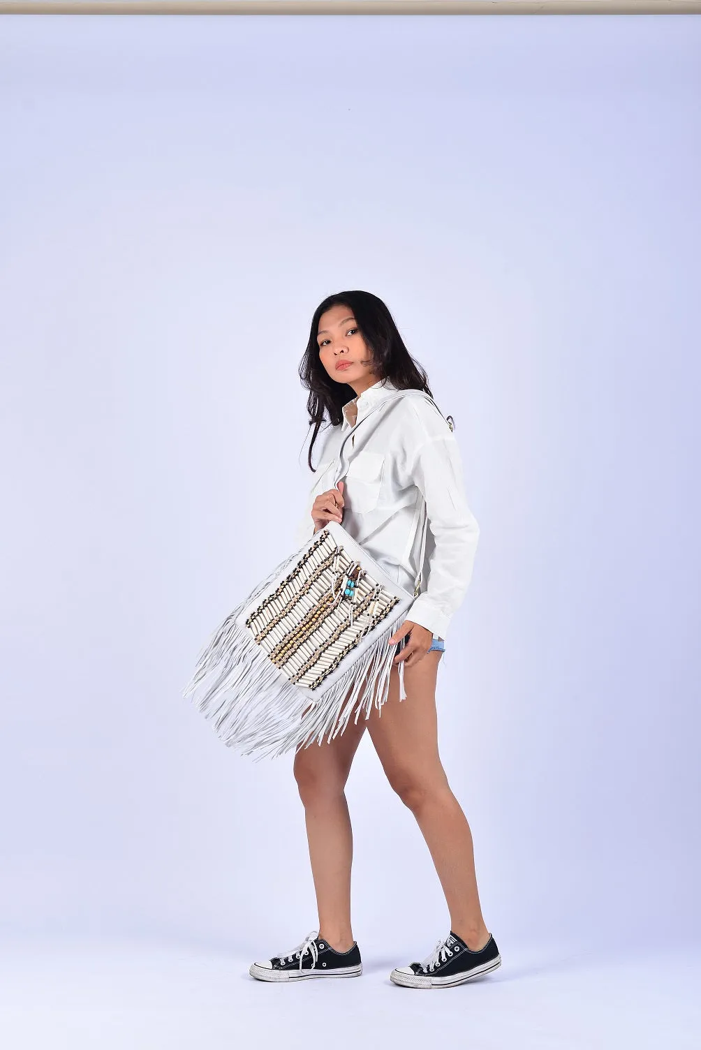 WHITE Medium Size Boho Leather Bag with Fringes and Bone Choker.